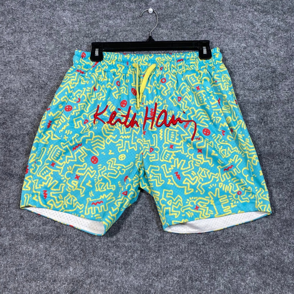 Keith Haring x Shoe Palace Mens Mesh Basketball Shorts Blue Yellow Pop Art Small